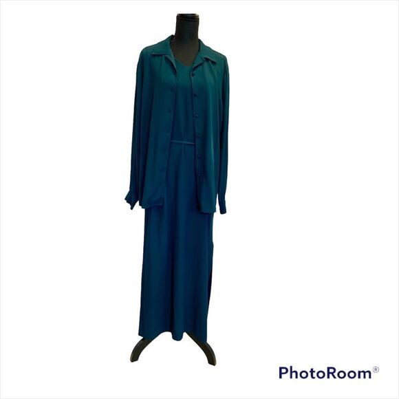 Eileen Fisher dark teal 100% silk two piece dress blouse set Sz M - Picture 3 of 17